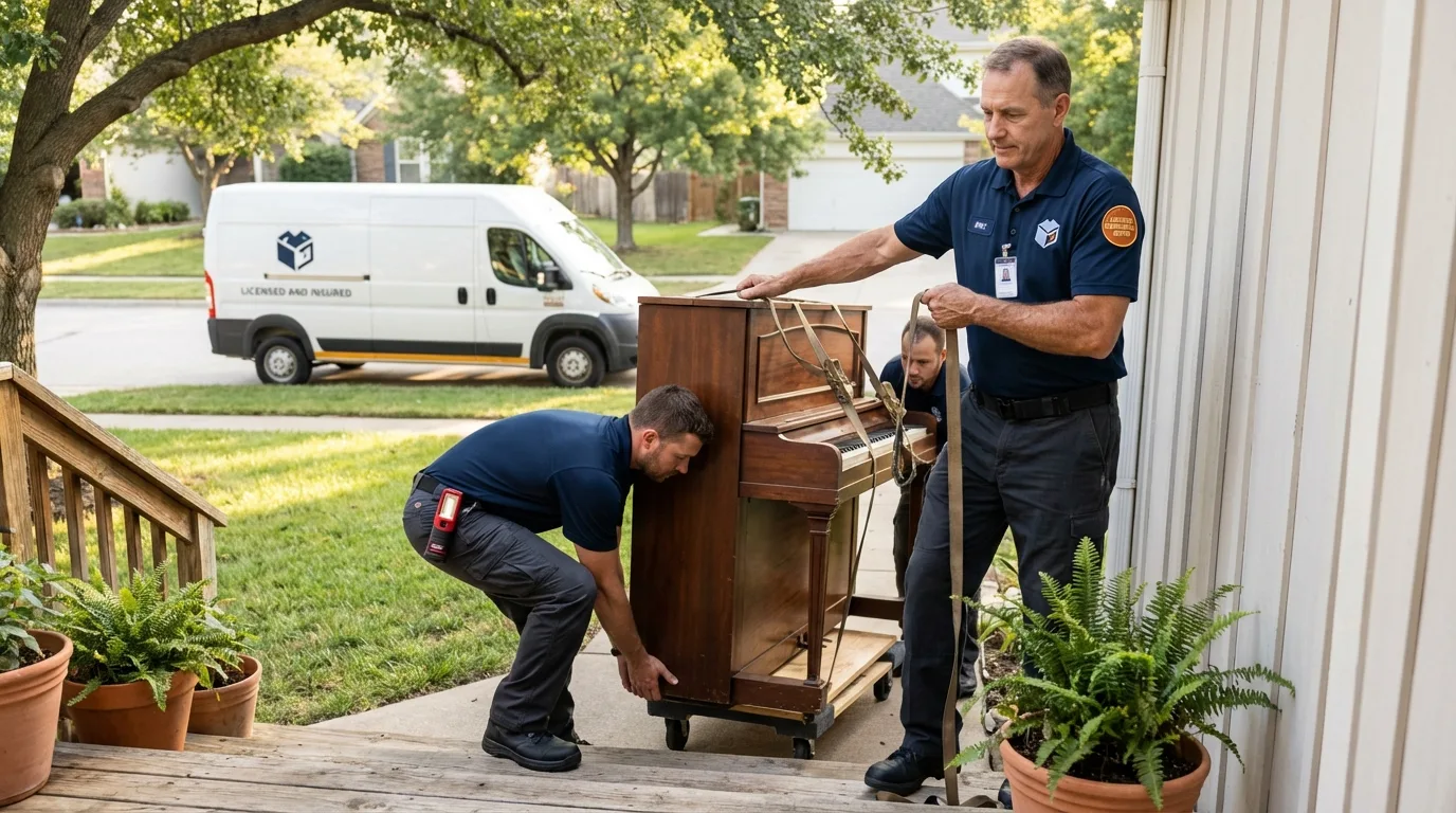 Licensed piano movers securing grand piano in Columbia City, IN