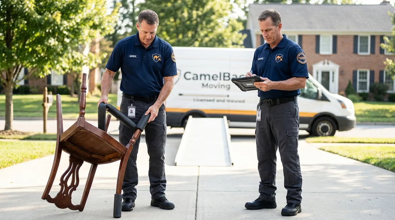 Movers inspecting furniture for damage prevention before loading in Columbia City, IN