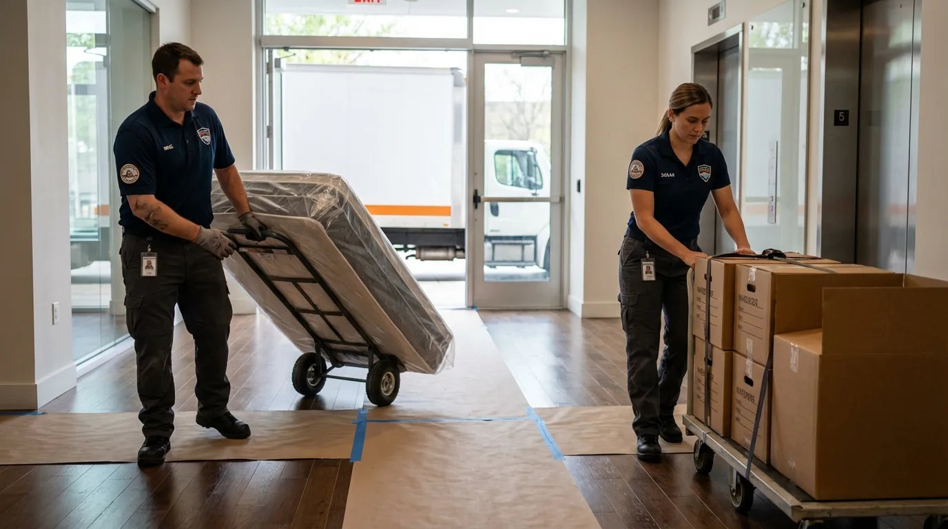 Professional apartment movers loading elevator in Columbia City, IN