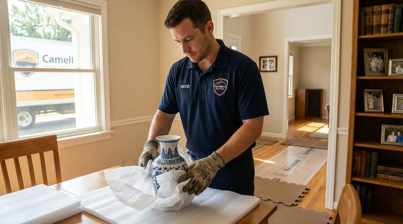 Professional crew carefully wrapping antique vase for senior downsizing move in Columbia City, IN
